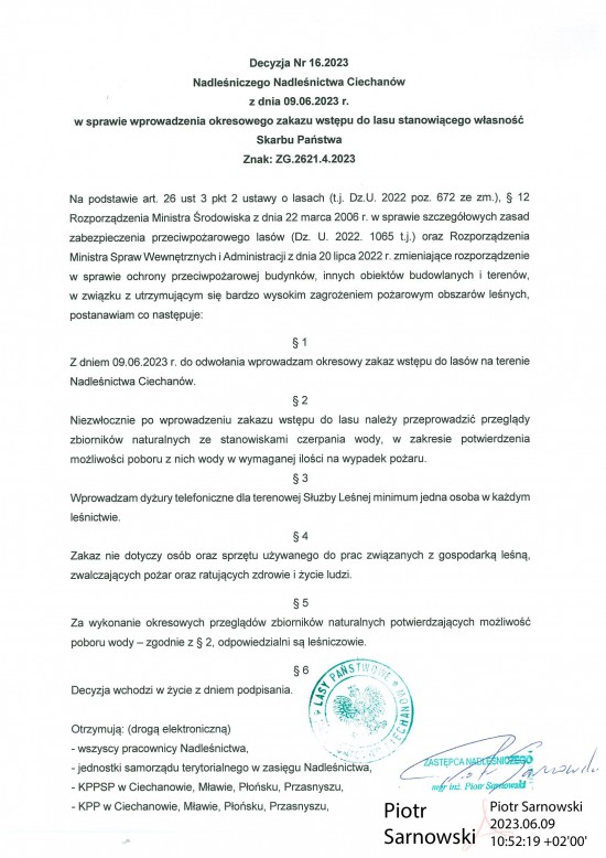 Decyzja o zakazie Ciechanów
