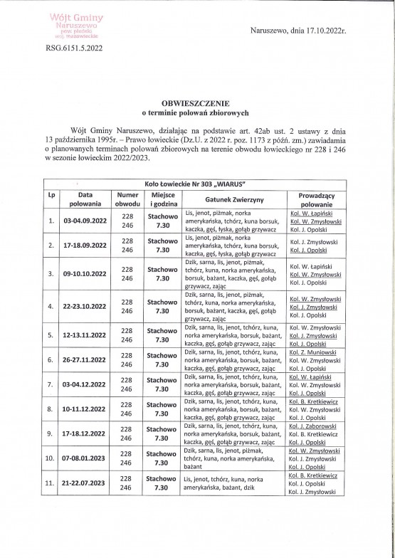 Obwieszczenie o terminie polowań z dnia 17.10.2022r.-1